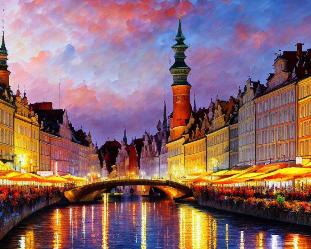 European Cityscape Painting: River, Bridge, and Colorful Sky at Dusk