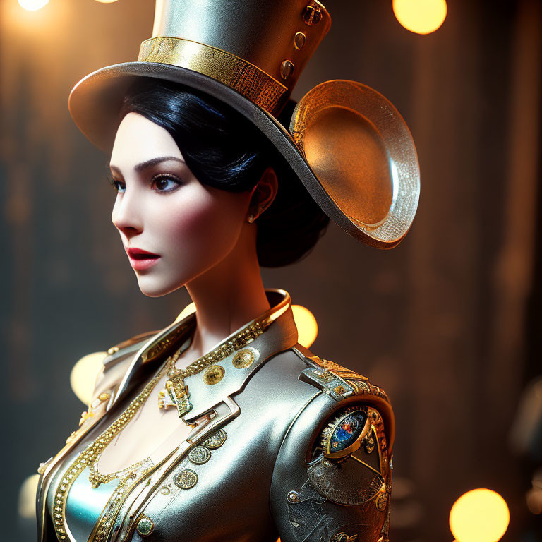 Dark-haired woman in steampunk outfit with gold accents and top hat