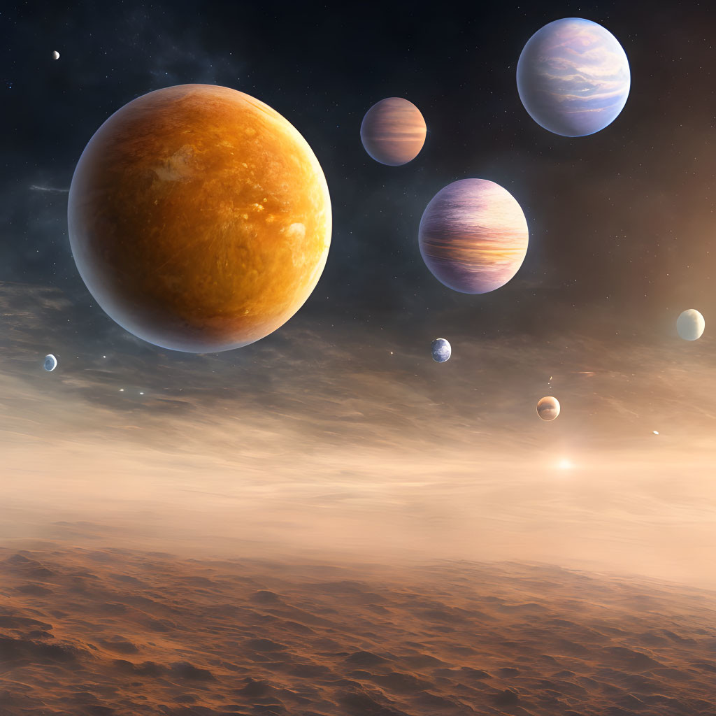 Planetary System Digital Art with Orange Planet