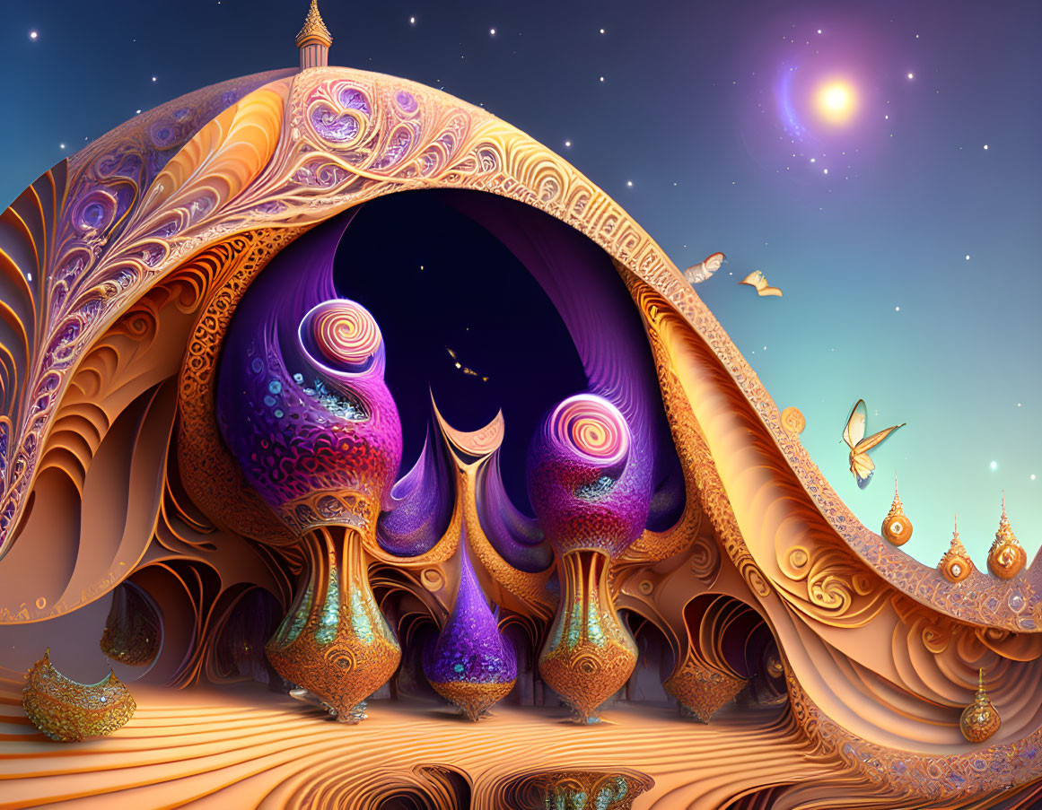 Fantasy scene with whimsical tree-like structures and starry sky