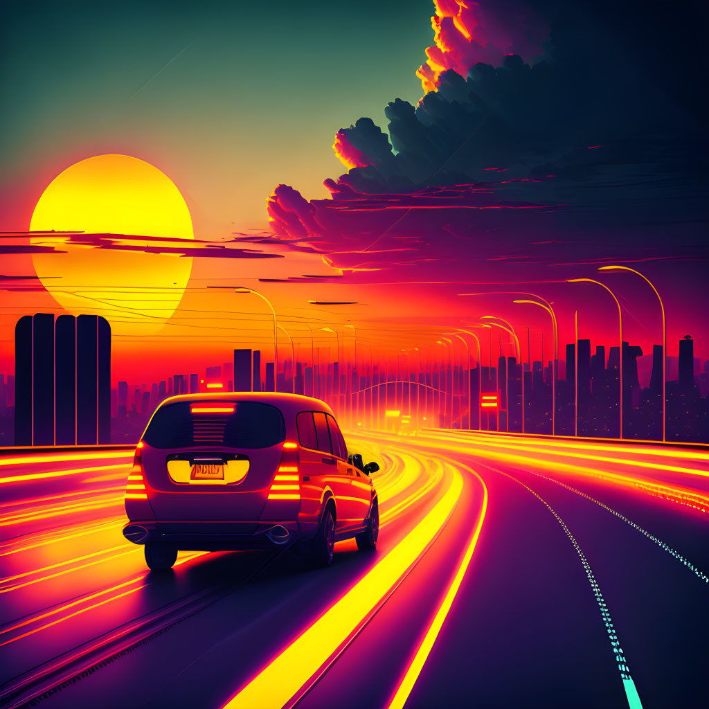 Vibrant neon sunset cityscape with highway van and glowing sun