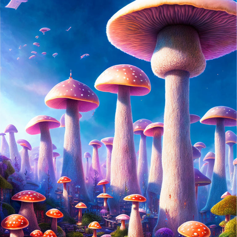 Colorful Mushroom Forest Illustration with Towering Fungi