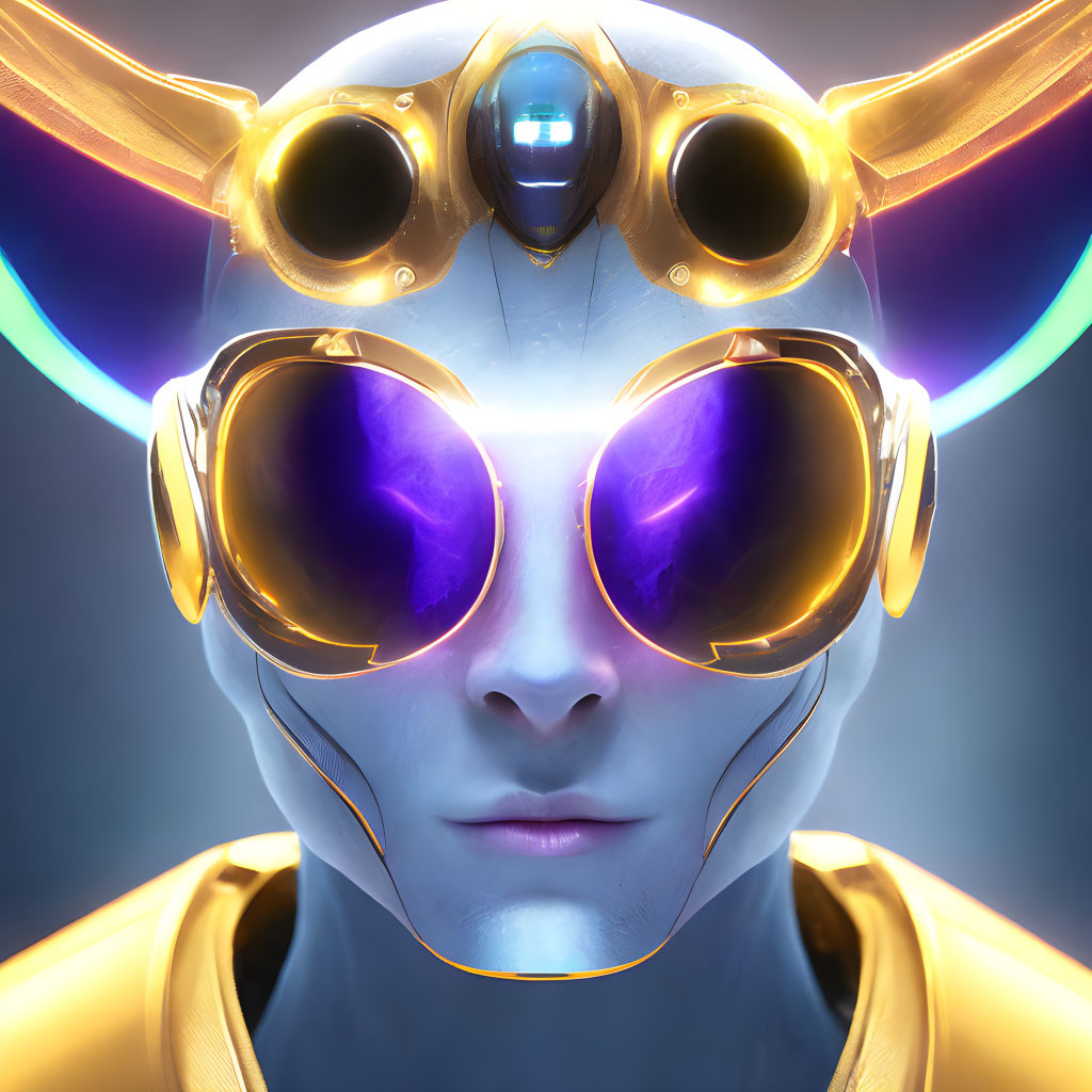 Golden helmet with purple lenses and blue visor in futuristic setting