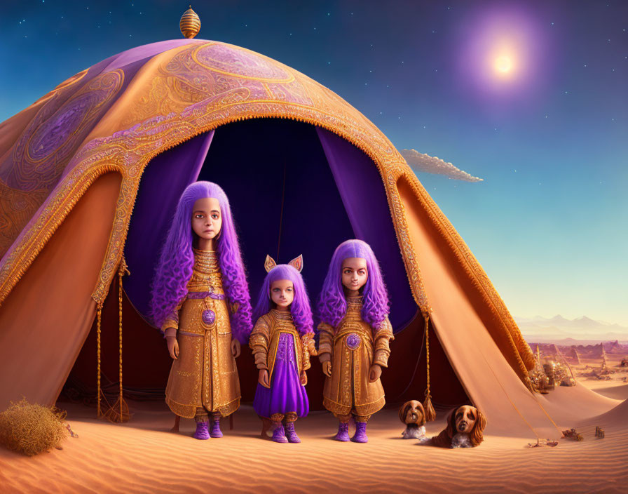 Fantasy illustration: Three purple figures, two dogs, ornate tent in desert twilight