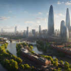 Futuristic cityscape with modern skyscrapers by river and passing train