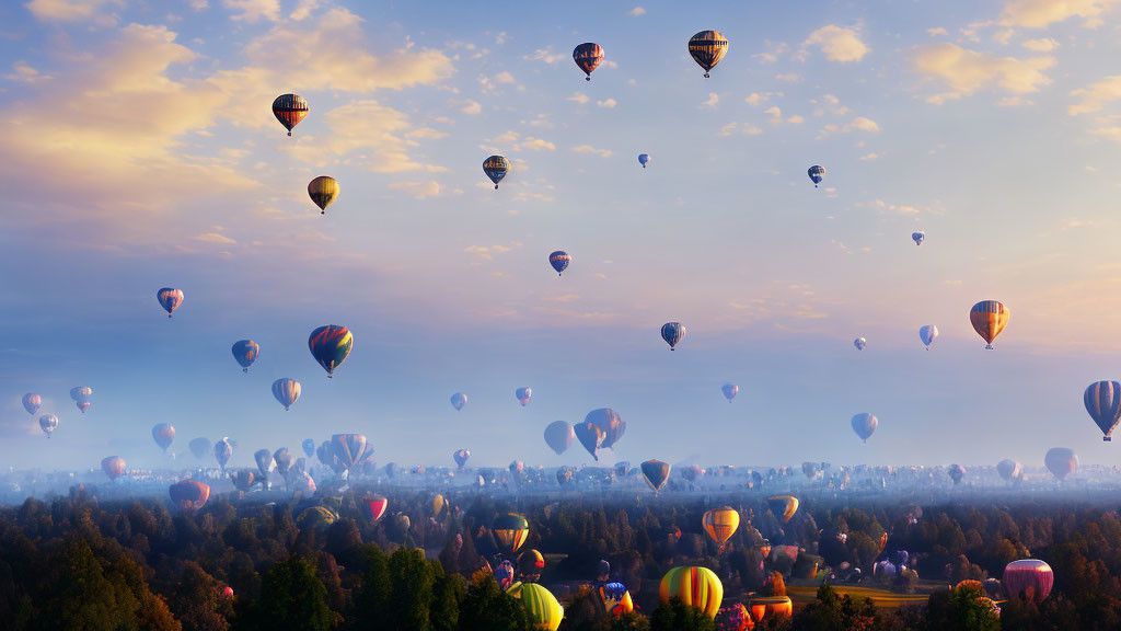 Numerous hot air balloons float over serene landscape at sunset