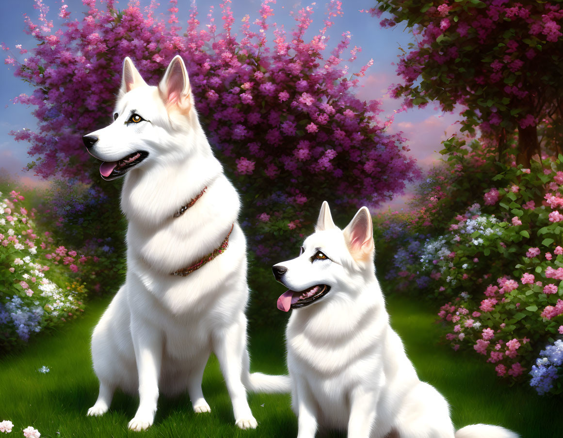 Fluffy white dogs in blooming garden with pink and purple flowers