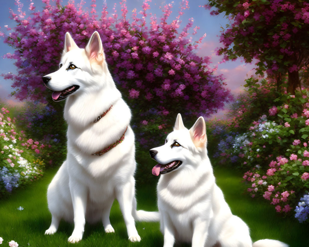 Fluffy white dogs in blooming garden with pink and purple flowers