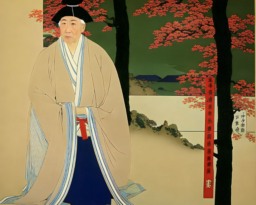 Traditional East Asian Painting of Standing Figure in Historical Attire Beside Blossoming Tree with Pink Flowers and