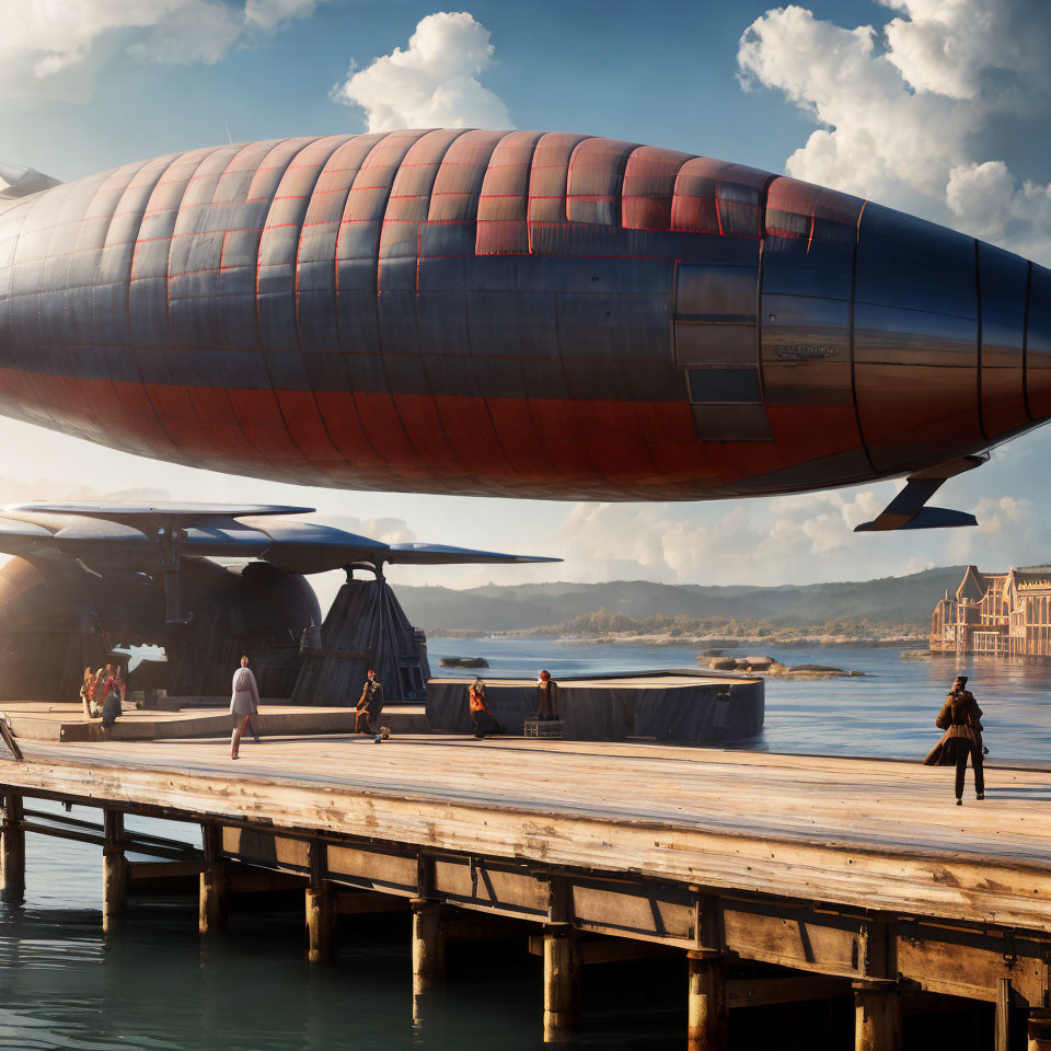 Futuristic airship docking at waterfront platform with serene water and clear blue sky