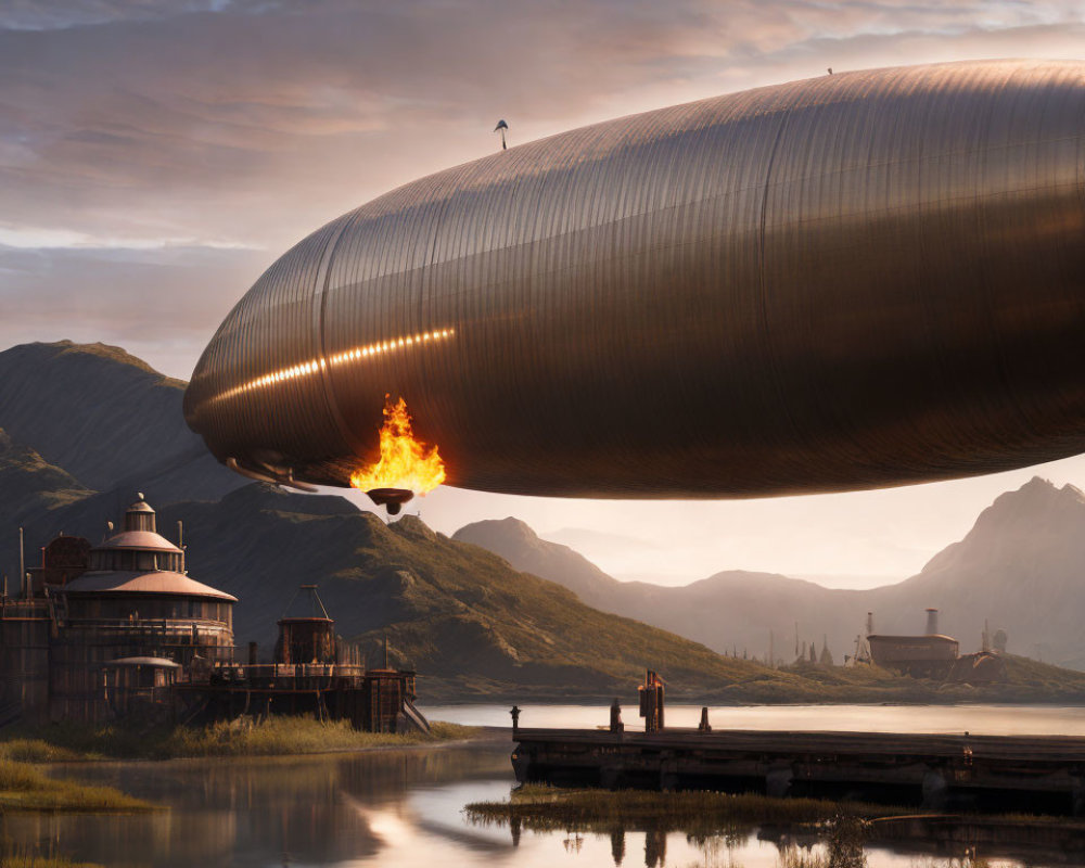Burning airship over industrial coast at sunrise or sunset