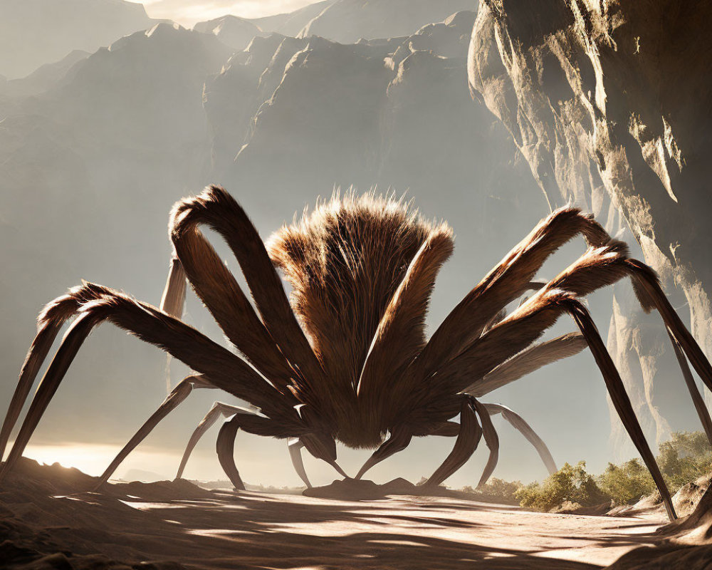 Giant hairy spider in desert landscape with sunlight piercing legs