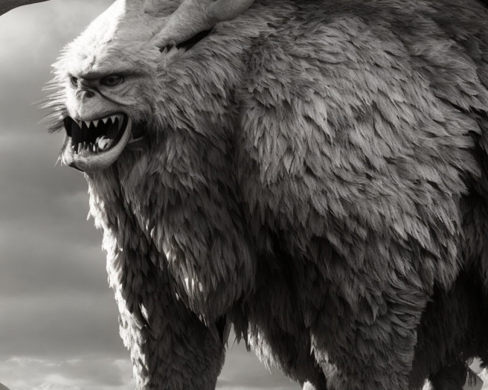 Monochrome image of fantastical creature with horns and fangs on rocky outcrop