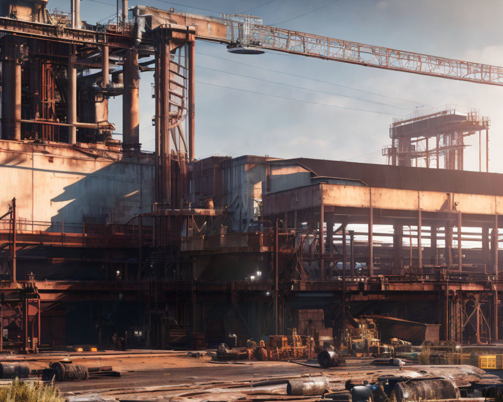 Spacious industrial complex with large buildings and rusty structures