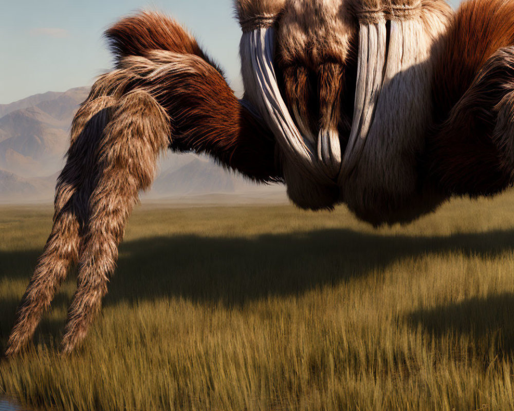 Furry tusked creature in grassy plain under clear sky