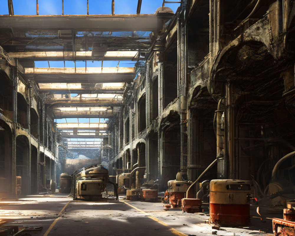Decaying factory interior with sunlight on rusted machinery