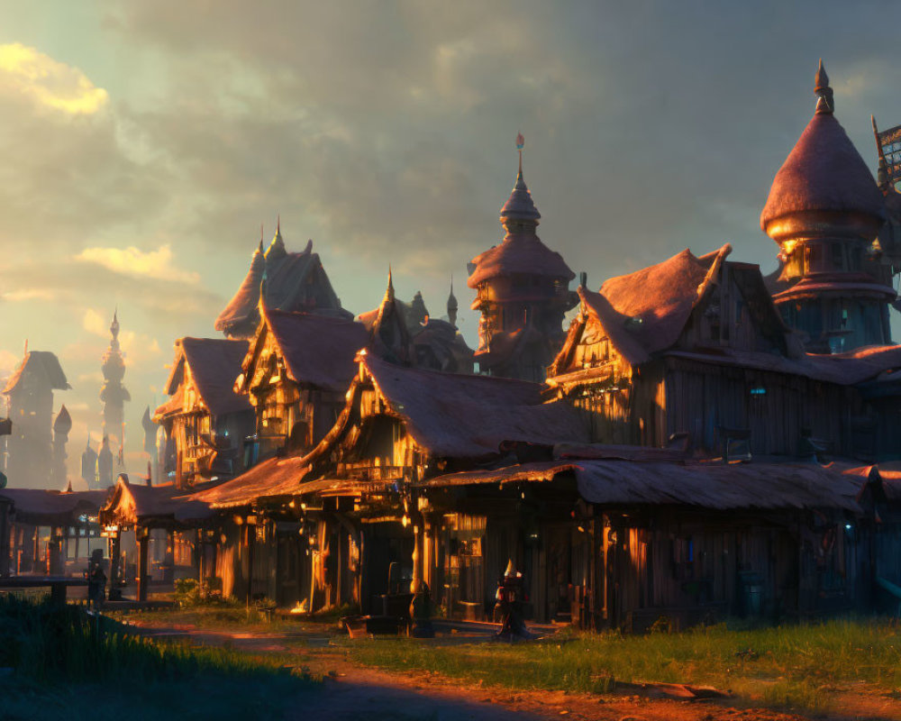 Tranquil fantasy village with thatched-roof houses and towering spires at sunset