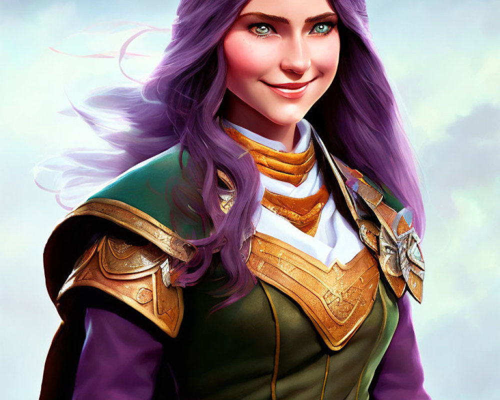 Smiling woman with purple hair in green armor and golden crown