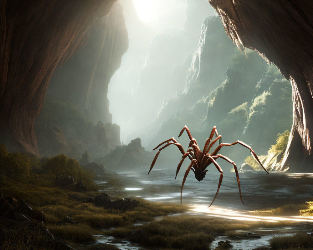 Giant Spider Sculpture at Cave Entrance in Sunlit River Valley