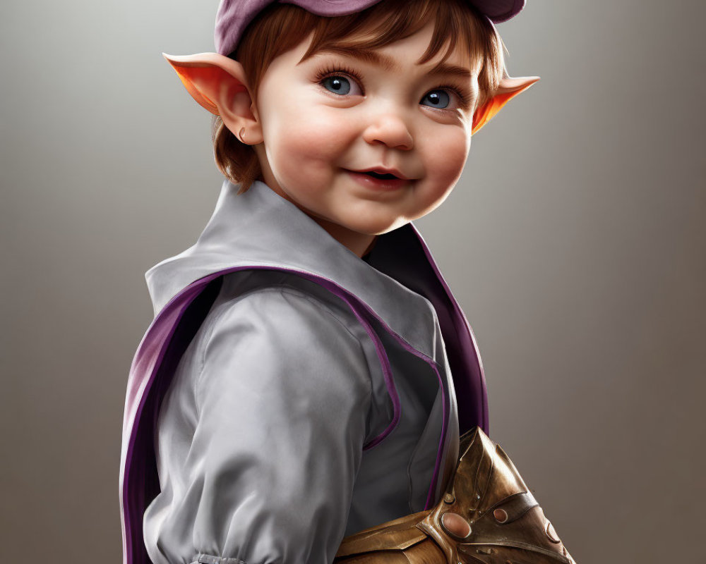 Child in fantasy outfit with pointed ears and purple cap in playful digital artwork