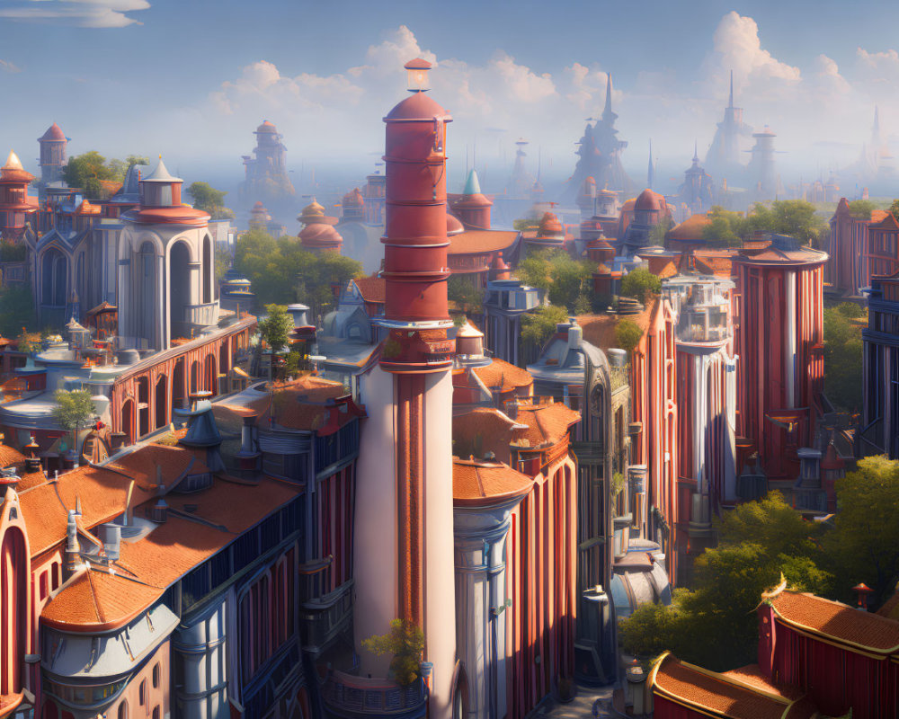 Fantastical cityscape with towering spires and warm glow under blue sky