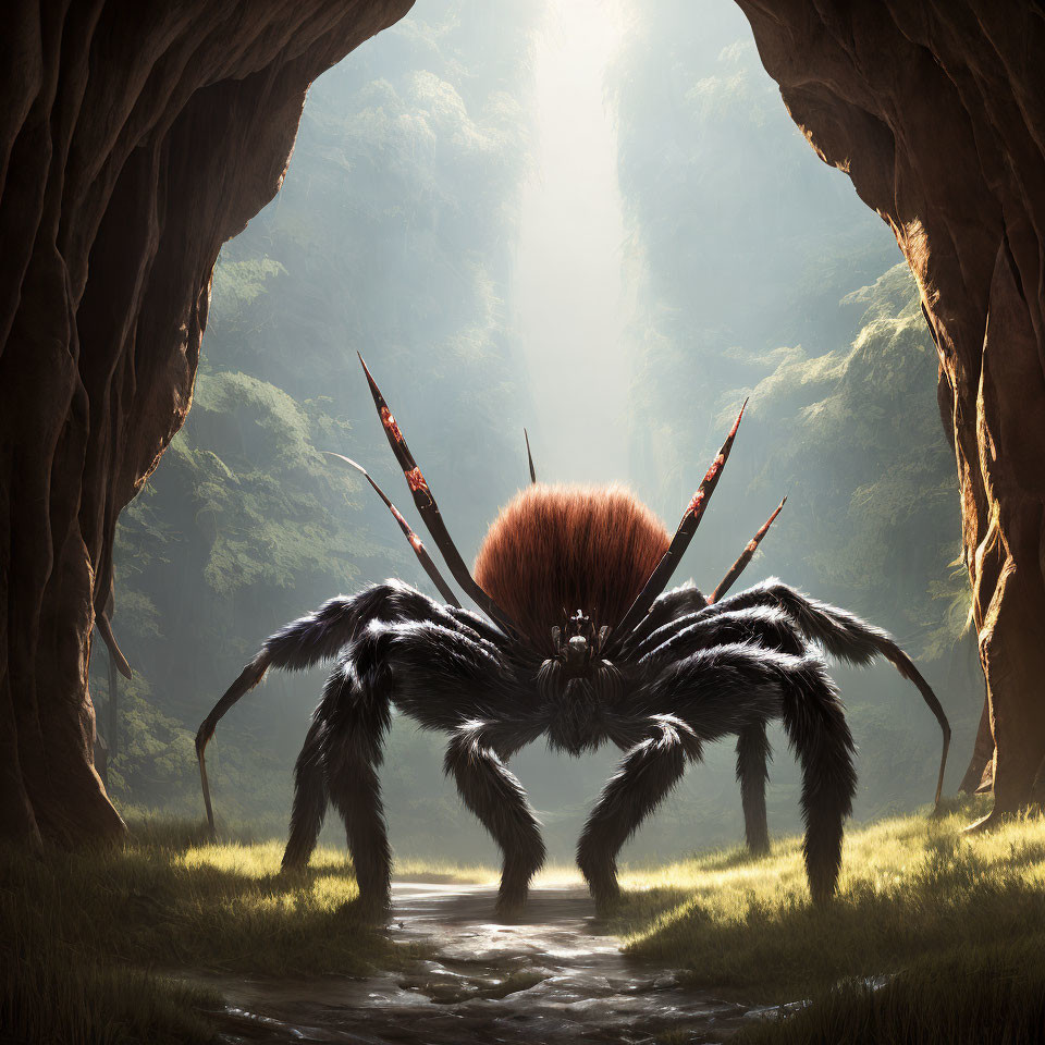 Fantasy-inspired spider in forest clearing with long legs