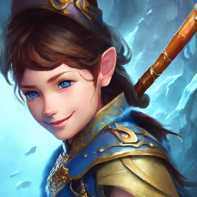 Blue-eyed female elf in blue & gold armor with staff in snowy scene