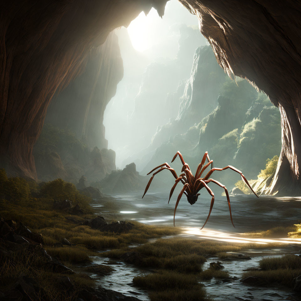 Giant Spider Sculpture at Cave Entrance in Sunlit River Valley