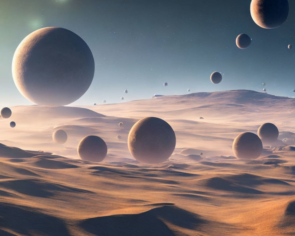 Surreal Landscape: Floating Spheres, Cosmic Sky, and Green Glow
