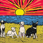 Colorful Pop Art Style Illustration of Four Dogs on Beach at Sunset