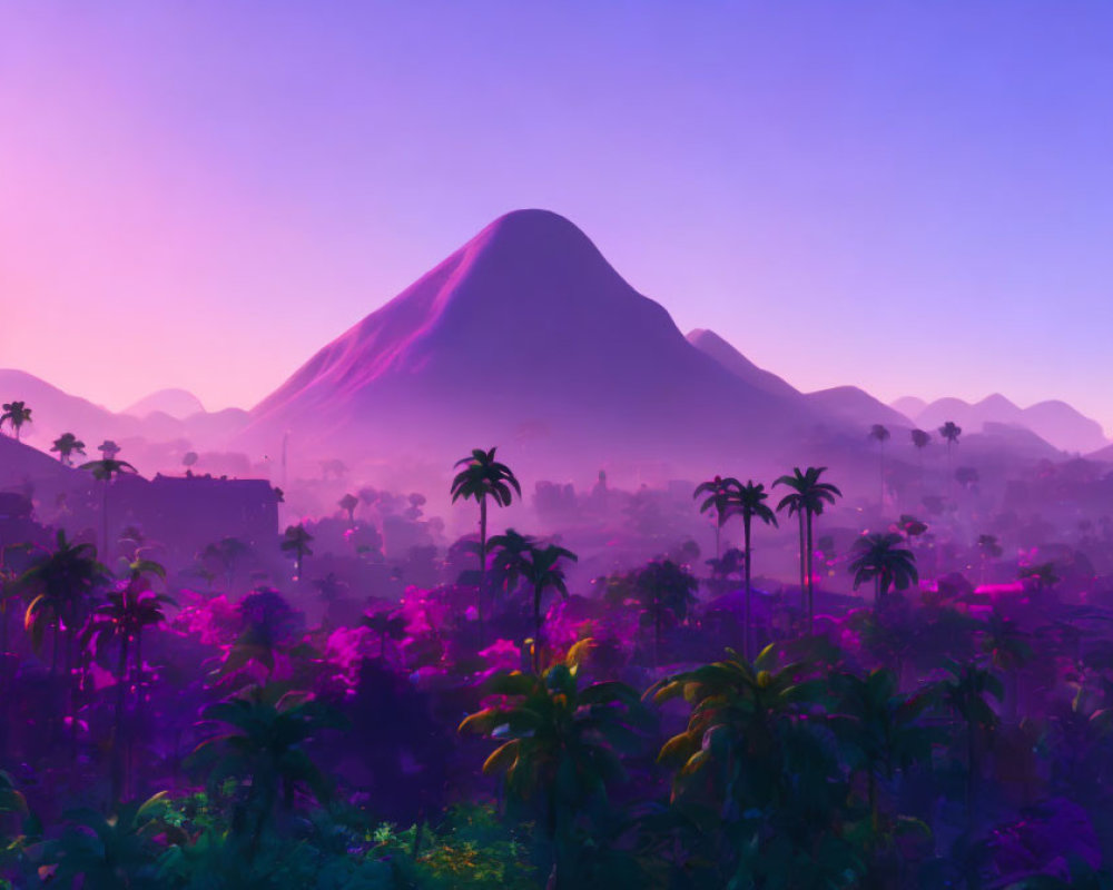 Colorful digital artwork of tropical landscape with mountain under purple sky