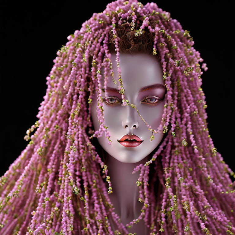 Detailed 3D illustration of woman with purple braids, green leaves, flowers, alabaster