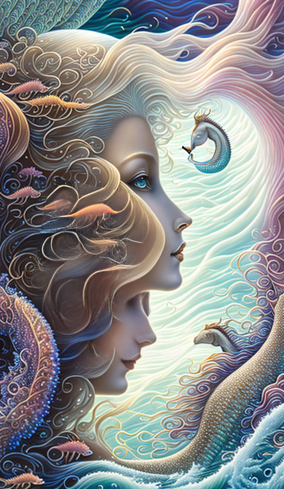 Vibrant surreal artwork: Women's profiles with flowing hair, ocean waves, sea creatures, celestial