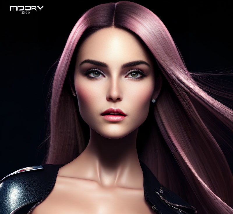 Digital artwork featuring woman with pink hair, green eyes, flawless skin, in black outfit