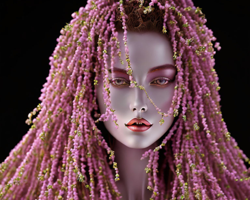 Detailed 3D illustration of woman with purple braids, green leaves, flowers, alabaster
