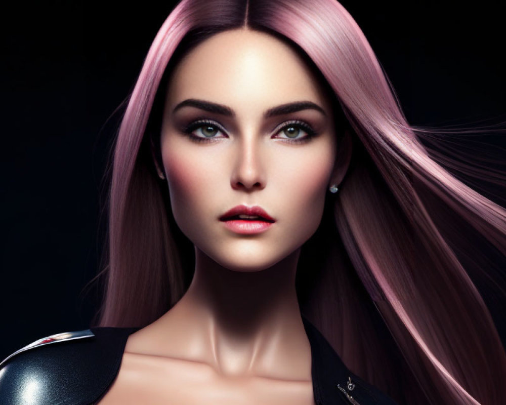 Digital artwork featuring woman with pink hair, green eyes, flawless skin, in black outfit