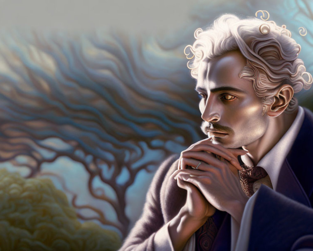 Illustrated portrait of pensive man with curly hair in twilight setting