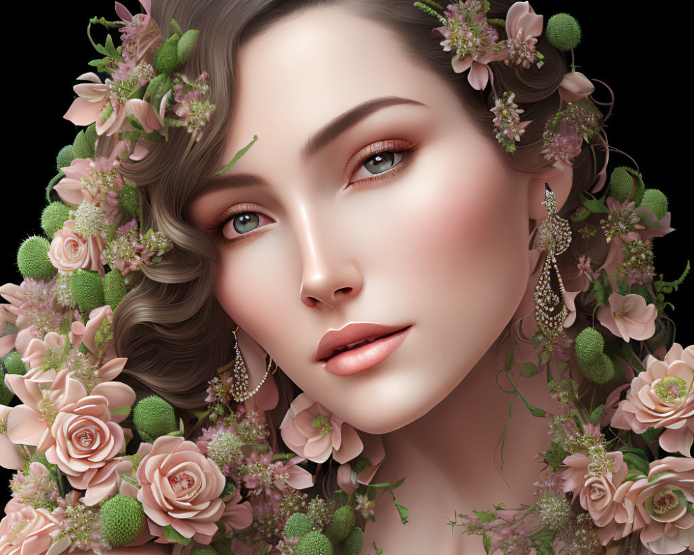 Digital Artwork: Woman with Floral Hair Adornments and Elegant Earrings