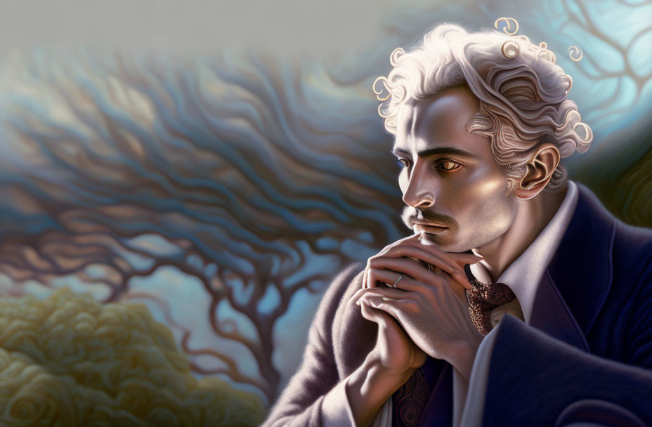 Illustrated portrait of pensive man with curly hair in twilight setting