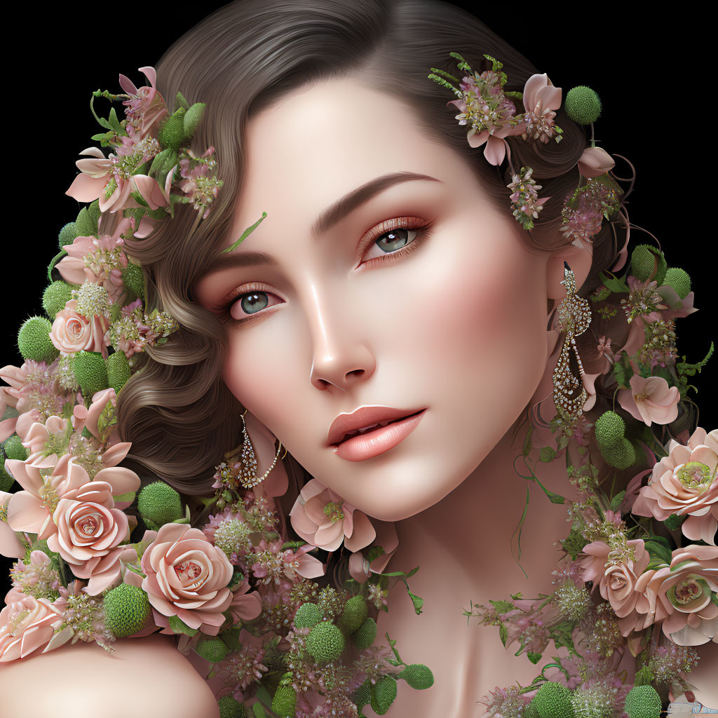 Digital Artwork: Woman with Floral Hair Adornments and Elegant Earrings