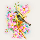 Colorful Bird on Blooming Branches with Pink Flowers and Flying Insects
