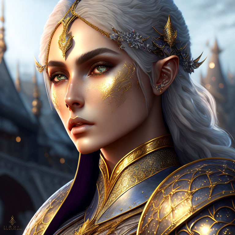 Digital portrait of an elf in golden armor with intricate facial markings