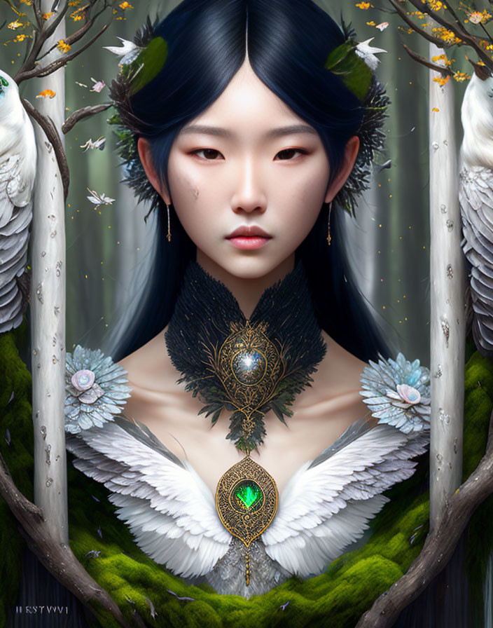 Digital artwork: Nature-themed fantasy with elfin person, ornate jewelry, wings, woodland accents