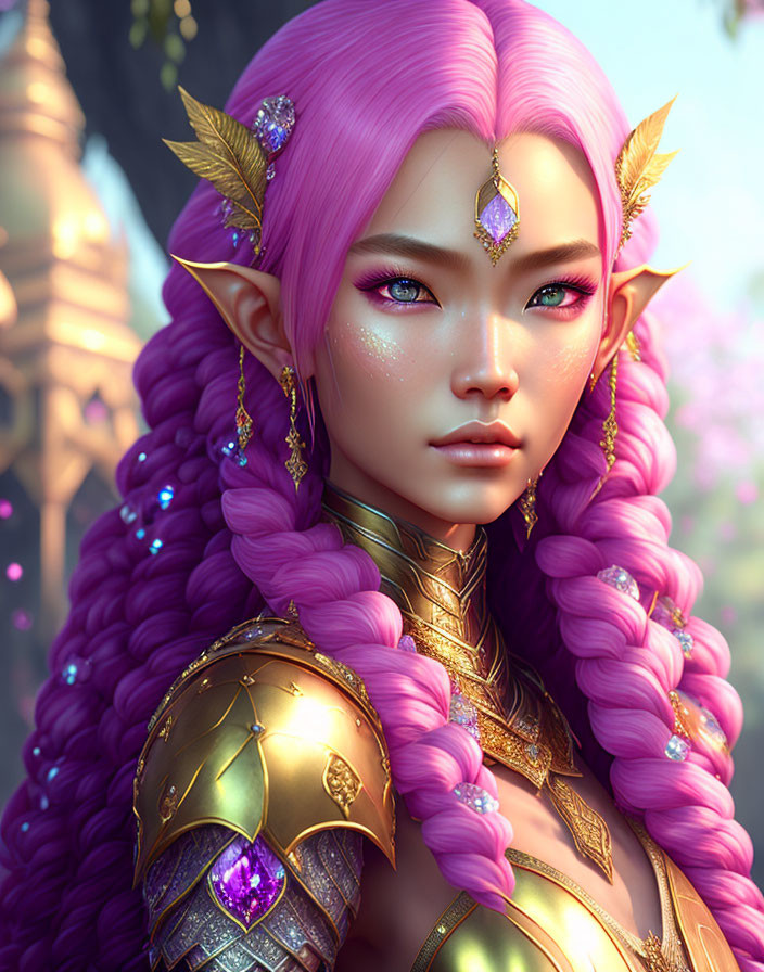 Fantasy Elf with Purple Hair and Golden Armor in Pink Blossom Setting