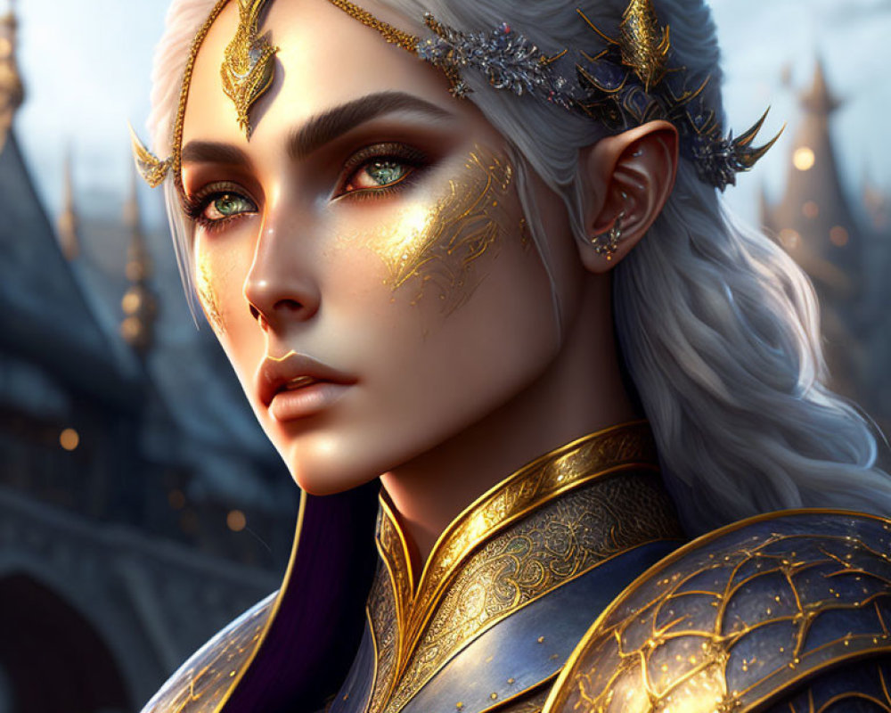 Digital portrait of an elf in golden armor with intricate facial markings