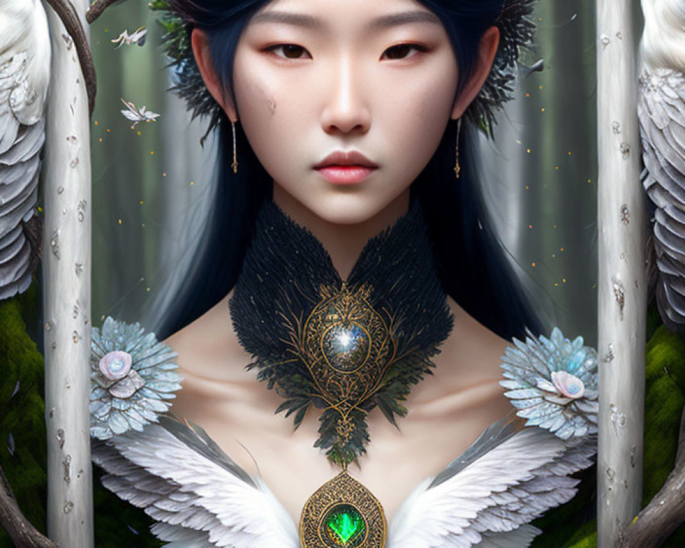 Digital artwork: Nature-themed fantasy with elfin person, ornate jewelry, wings, woodland accents