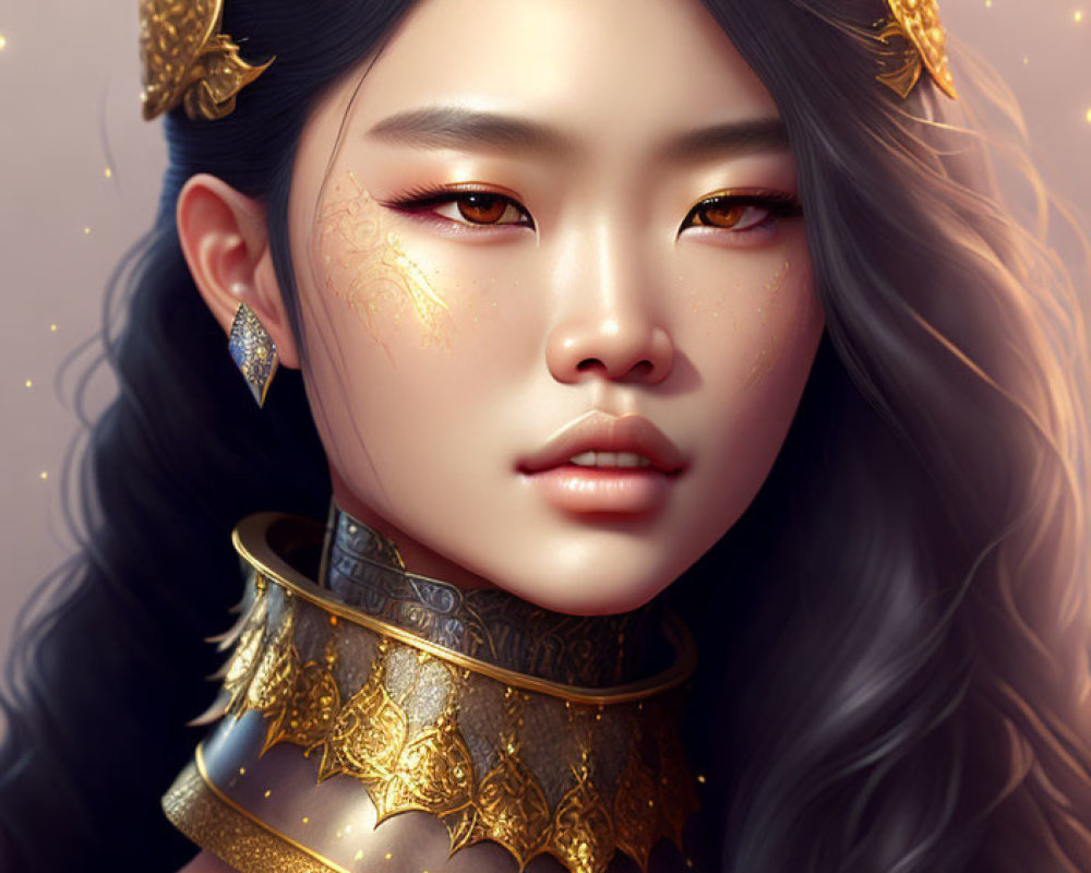 Illustrated portrait of woman with wavy black hair, gold accessories, choker, shoulder armor,