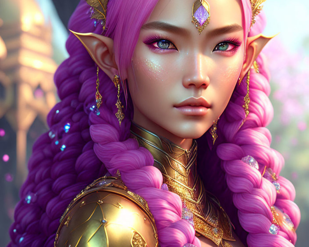 Fantasy Elf with Purple Hair and Golden Armor in Pink Blossom Setting