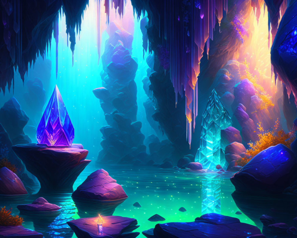 Fantasy Cave with Glowing Crystals and Luminescent Water