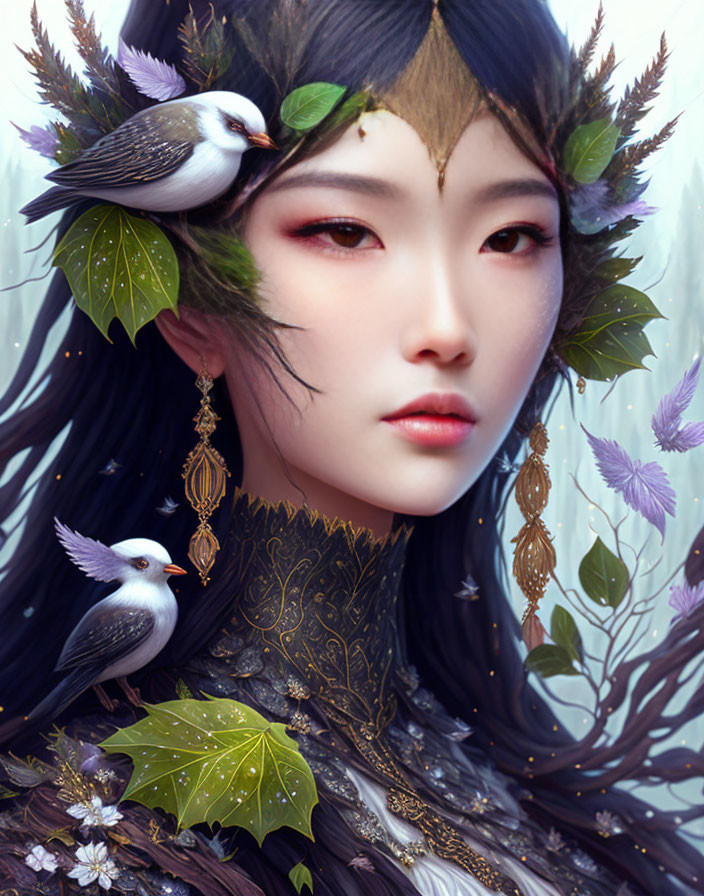 Fantastical portrait of a woman with bird and foliage-adorned hair